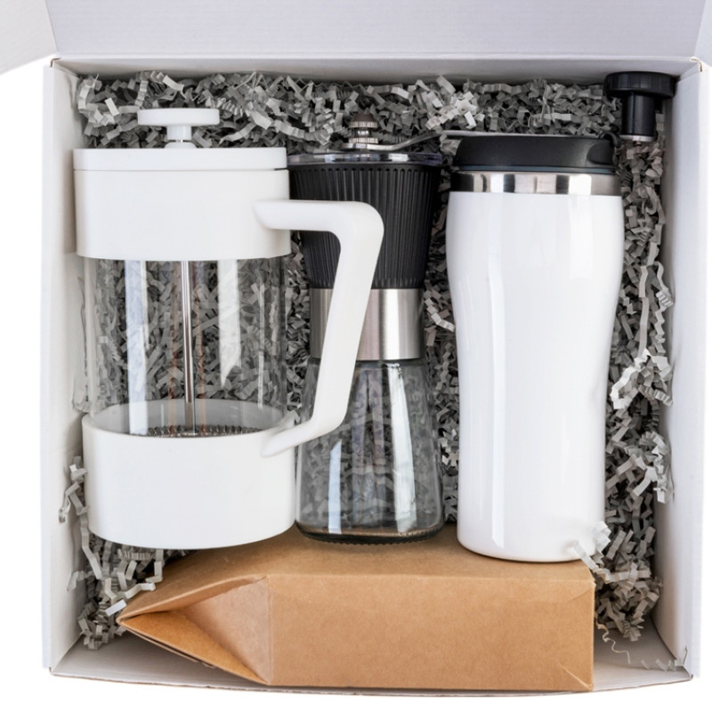 Подарочный набор с кофе, кружкой и френч-прессом "Бодрое утро" 2.0, белый