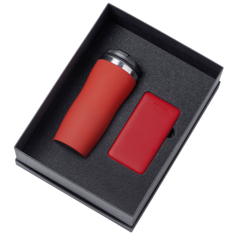 Подарочный набор c вакуумной термокружкой и повербанком С2, красный