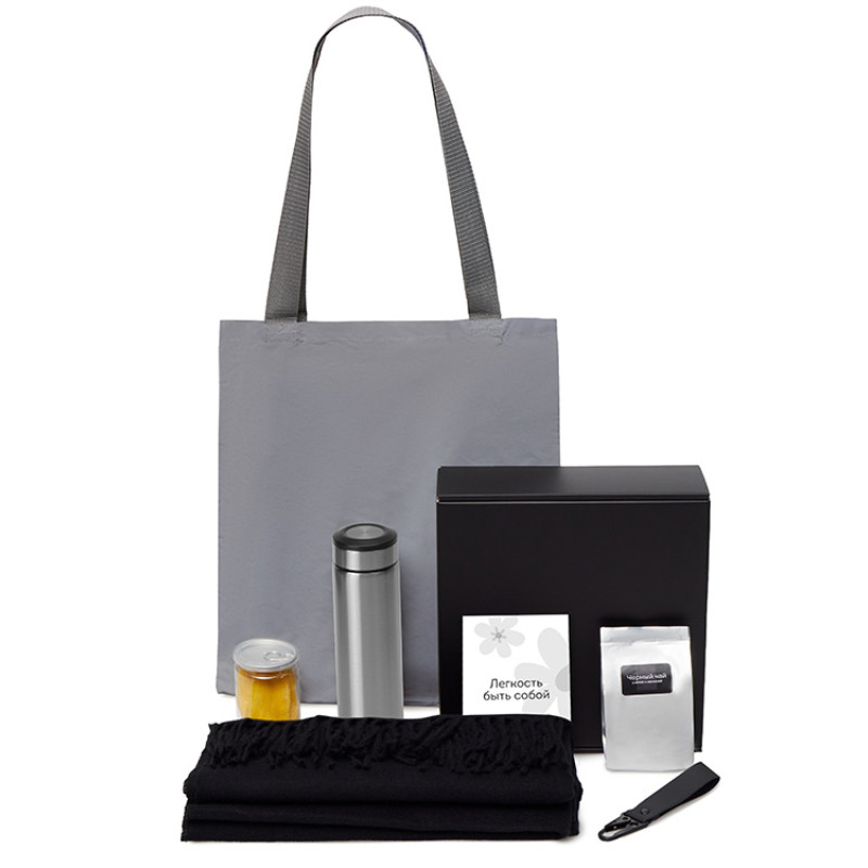 Подарочный набор «Re:f. Walk» с палантином, шоппером и термосом, черный