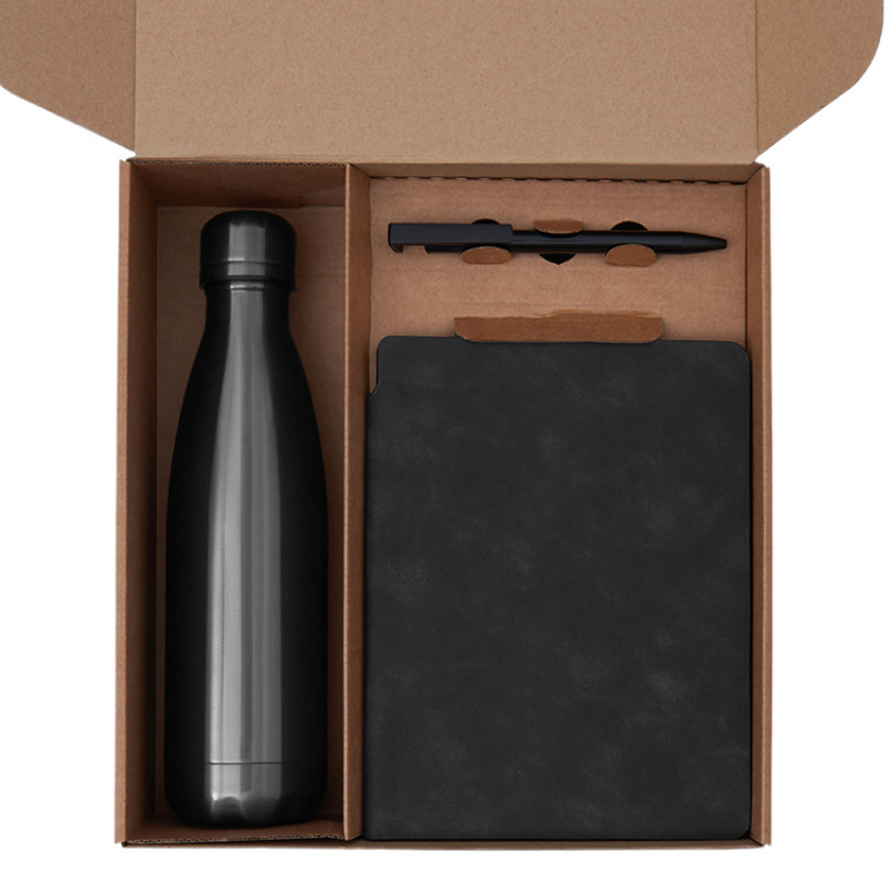 Подарочный набор с термобутылкой, блокнотом, ручкой и чаем, черный