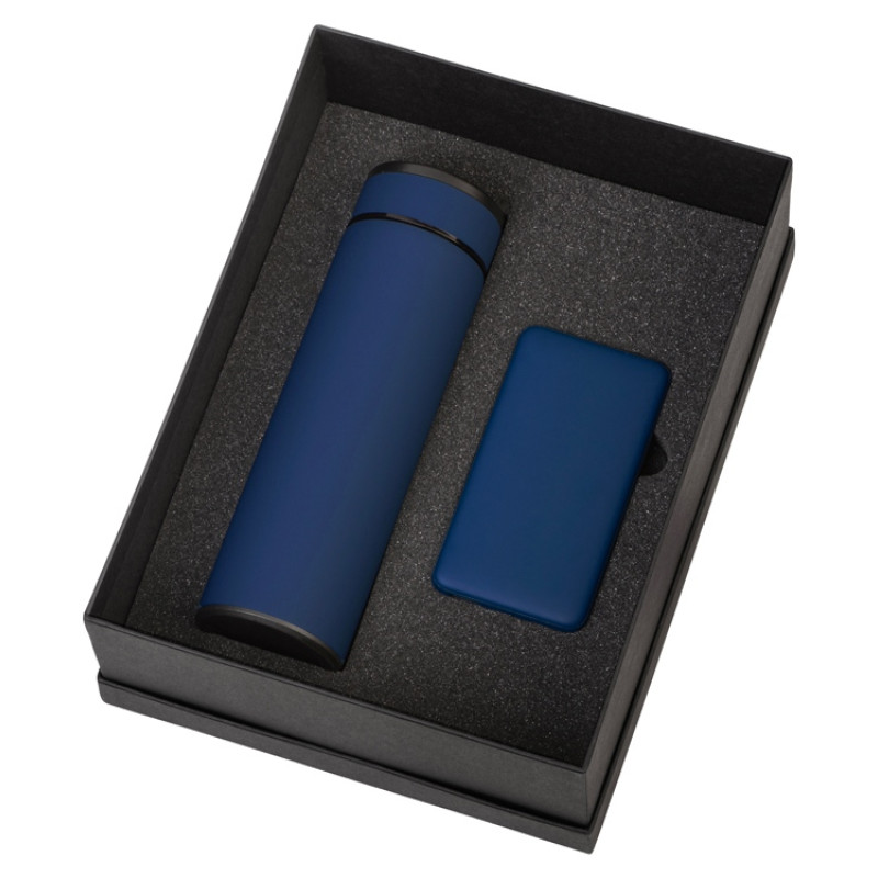 Подарочный набор с термосом и повербанком С1, темно-синий