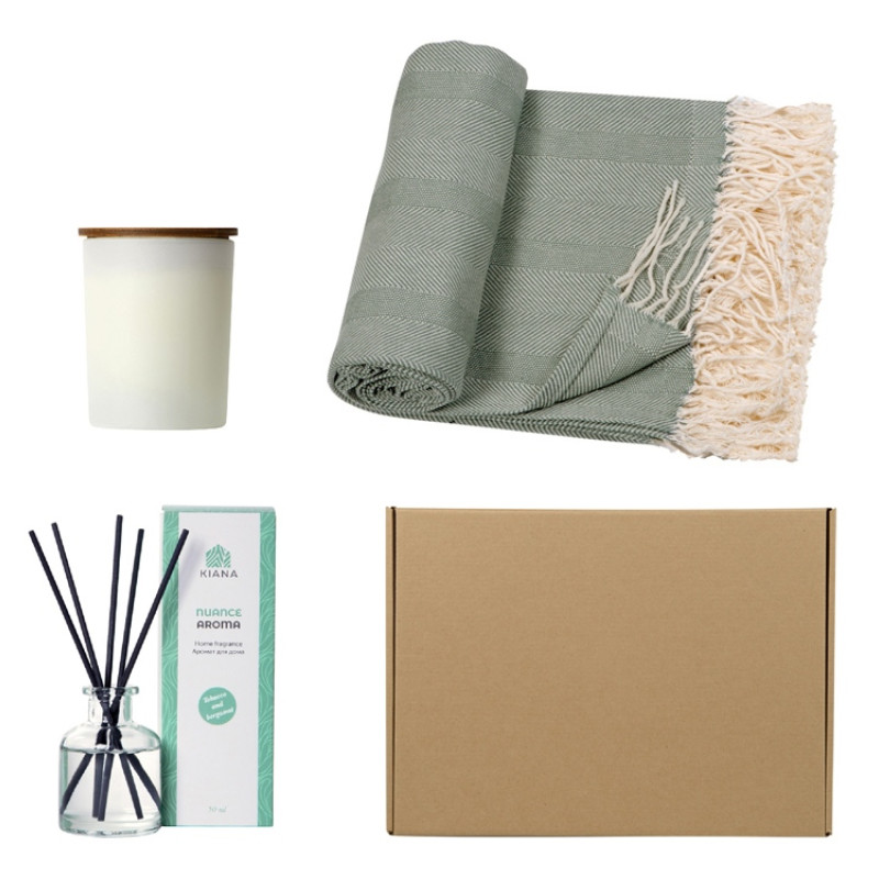 Подарочный набор с пледом, свечой и диффузором, оливковый