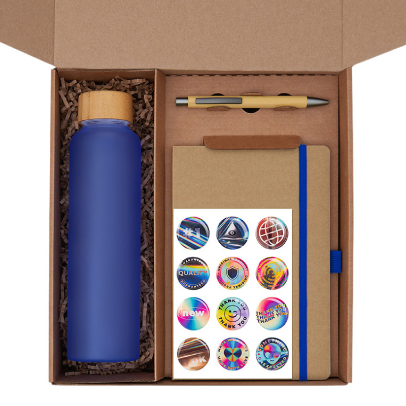 Подарочный набор с бутылкой для воды. блокнотом, ручкой и подставкой для телефона, синий