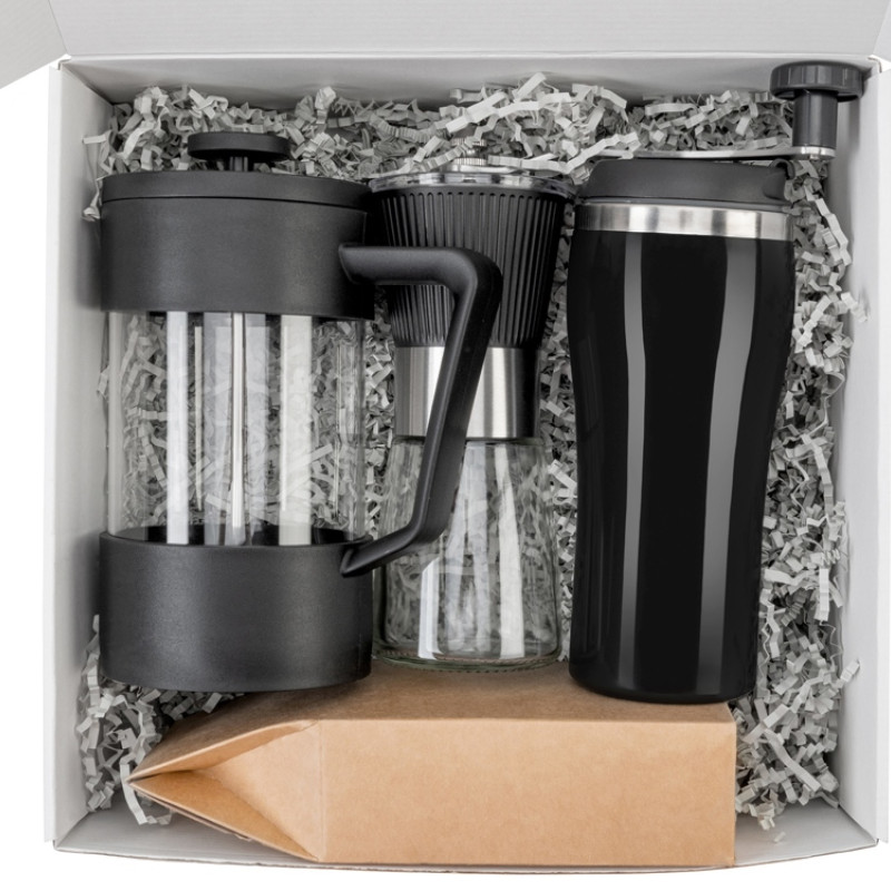 Подарочный набор с кофе, кружкой и френч-прессом "Бодрое утро" 2.0, черный