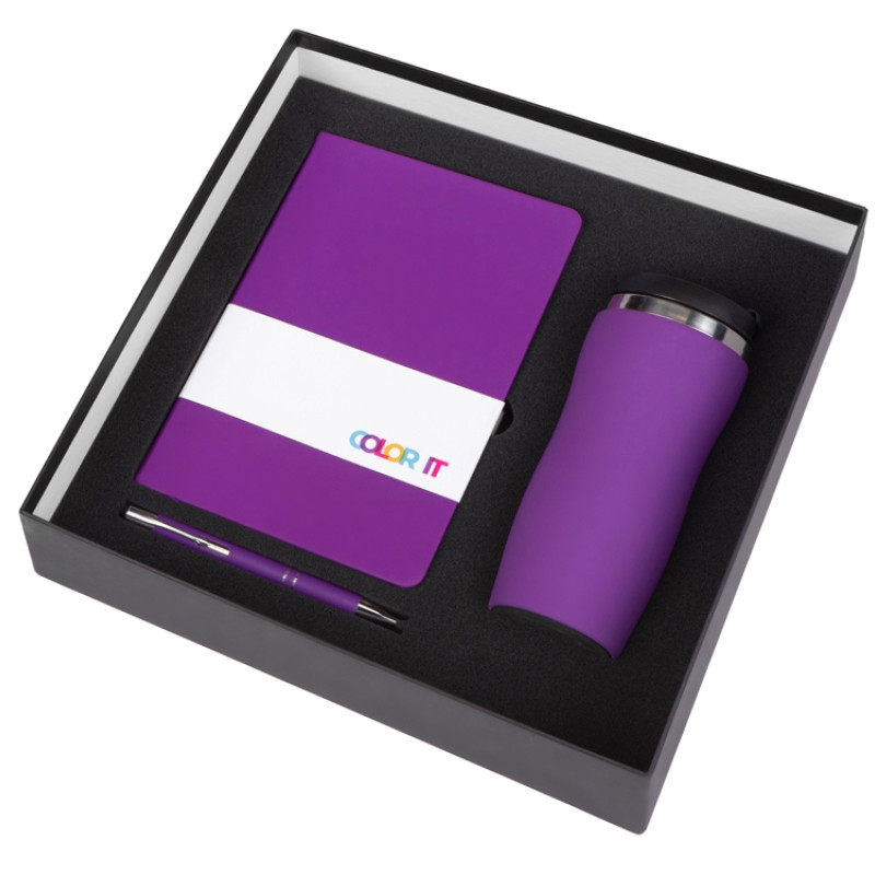 Подарочный набор с блокнотом С2, металлической ручкой и термокружкой, фиолетовый