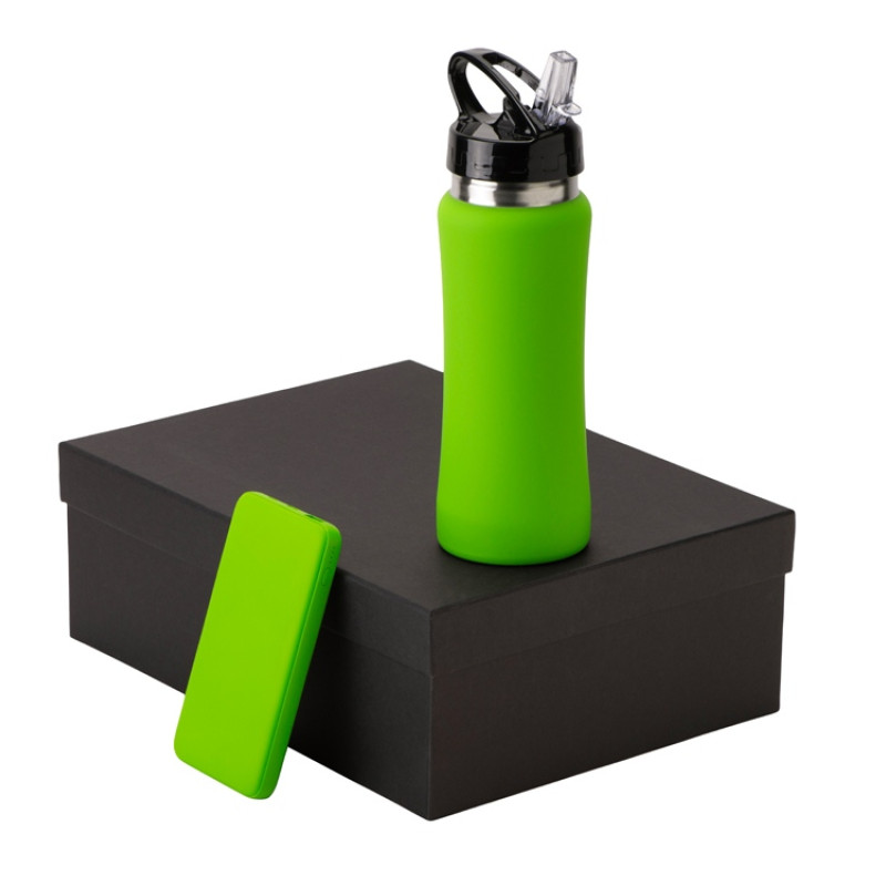 Подарочный набор с бутылкой для воды и повербанком С2, 10000 mAh, зеленое яблоко