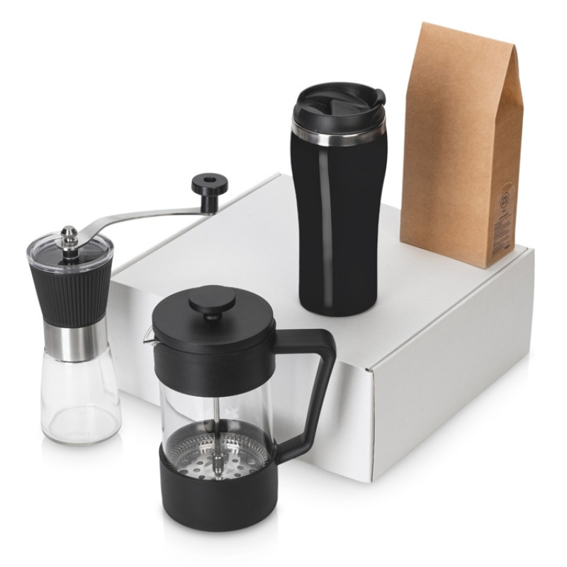 Подарочный набор с кофе, кружкой и френч-прессом "Бодрое утро" 2.0, черный