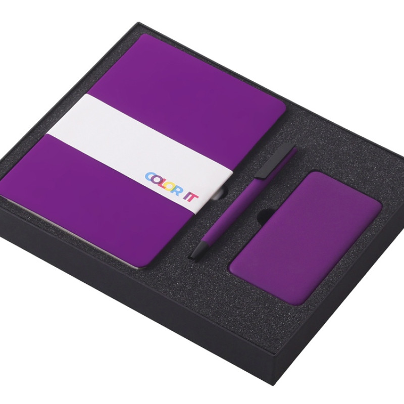 Подарочный набор c блокнотом С2, ручкой и повербанком 5000 mAh, фиолетовый