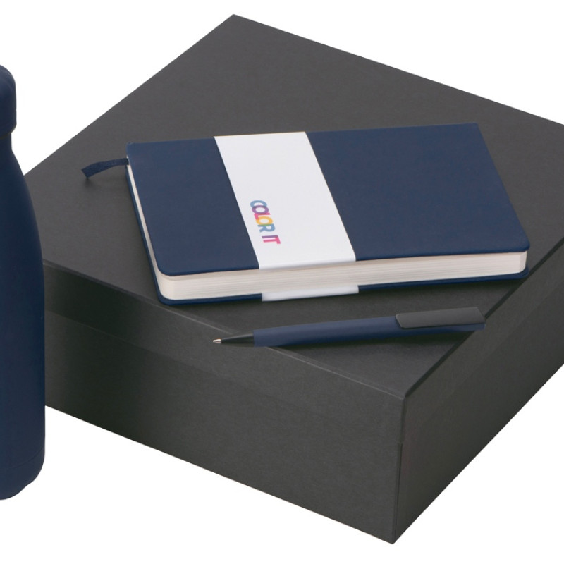 Подарочный набор c блокнотом C2, ручкой и термобутылкой, темно-синий