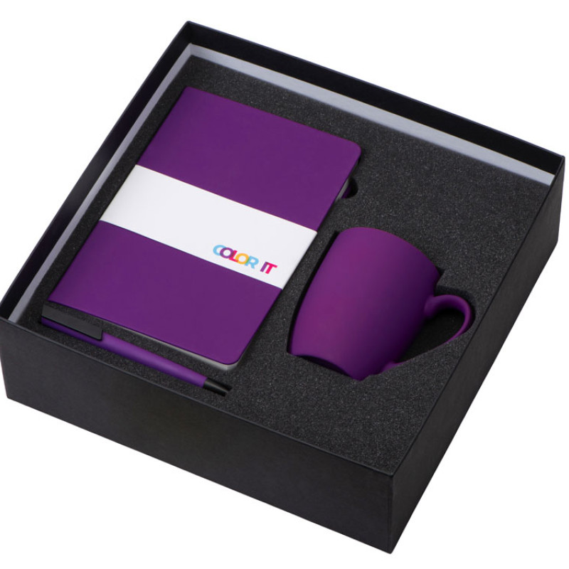 Подарочный набор с блокнотом С2, пластиковой ручкой и кружкой, фиолетовый