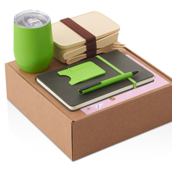 Набор с термокружкой, блокнотом, ручкой и ланчбоксом "Refreshment", зеленое яблоко