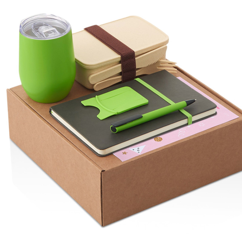 Набор с термокружкой, блокнотом, ручкой и ланчбоксом "Refreshment", зеленое яблоко