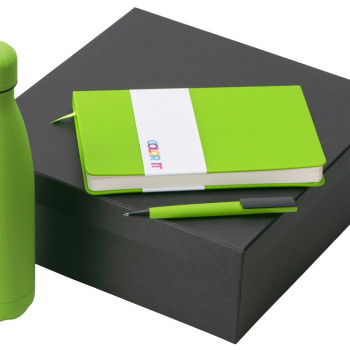 Подарочный набор c блокнотом C2, ручкой и термобутылкой, зеленое яблоко