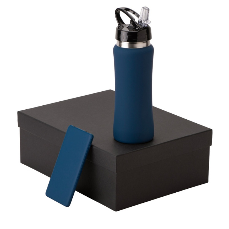 Подарочный набор с бутылкой для воды и повербанком С1, 5000 mAh, темно-синий