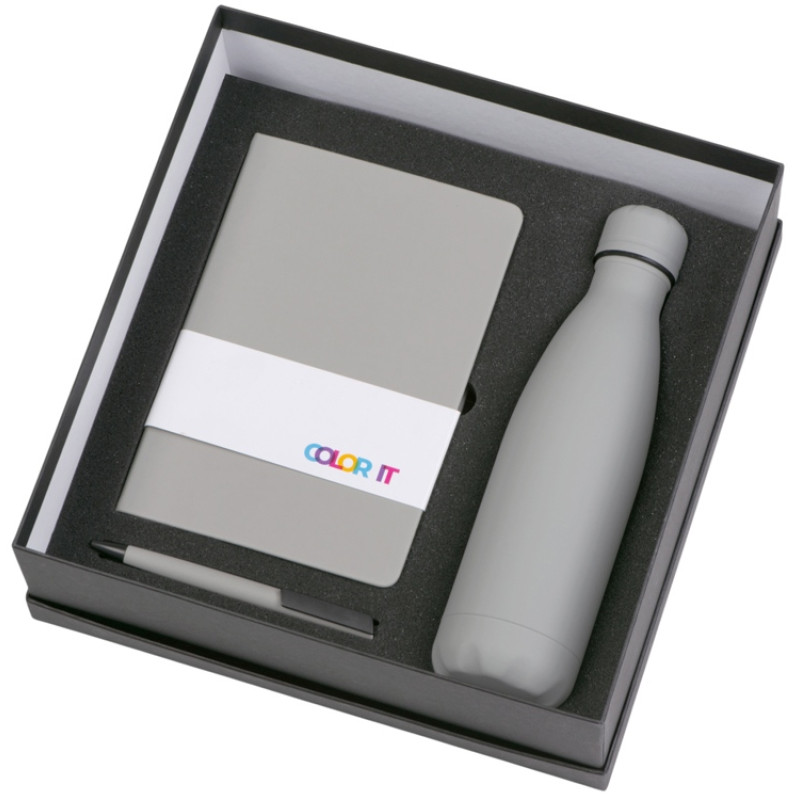 Подарочный набор c блокнотом C2, ручкой и термобутылкой, серый