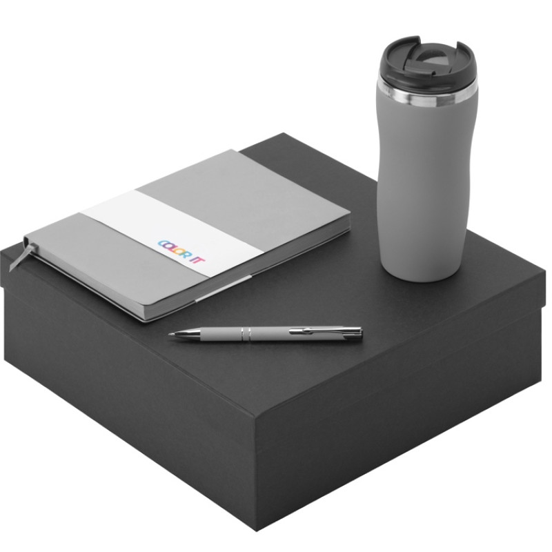 Подарочный набор с блокнотом С1, металлической ручкой и термокружкой, серый