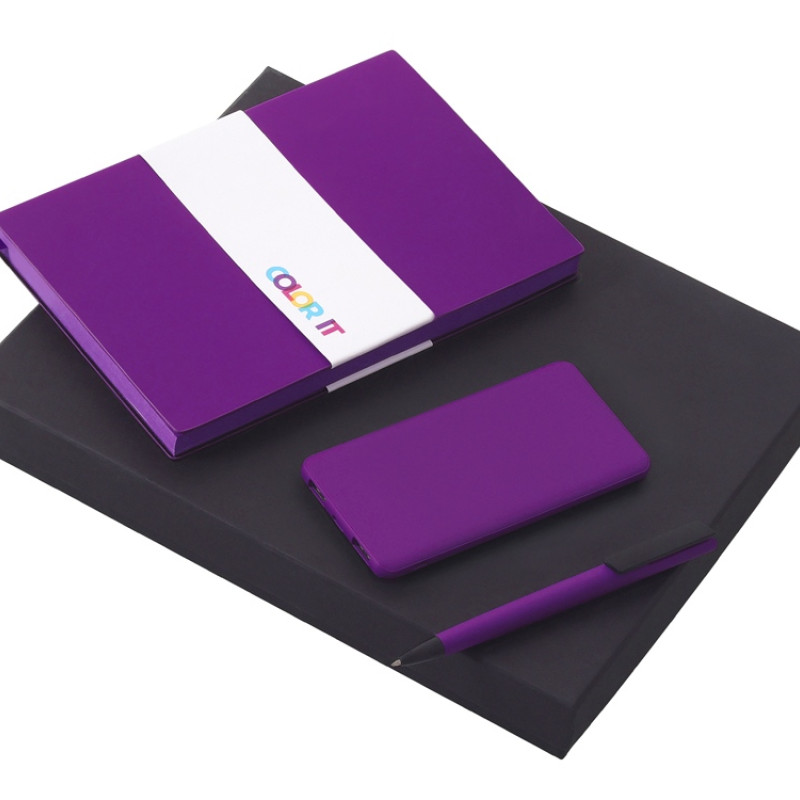 Подарочный набор c блокнотом С1, ручкой и повербанком 5000 mAh, фиолетовый