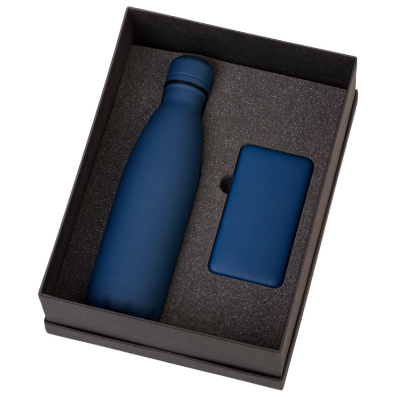 Подарочный набор с термобутылкой и повербанком С2, темно-синий