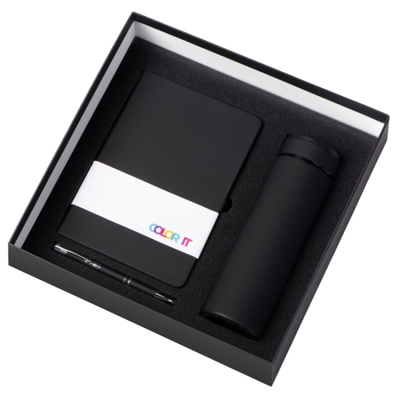 Подарочный набор с блокнотом С1, металлической ручкой и термосом, черный