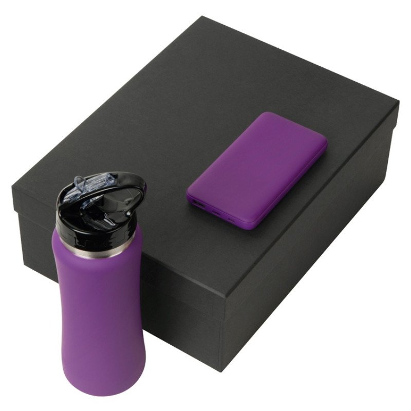 Подарочный набор с бутылкой для воды и повербанком С2, 10000 mAh, фиолетовый Подарочный набор с бутылкой для воды и повербанком С2, 10000 mAh, фиолетовый
