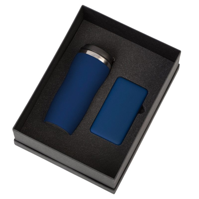 Подарочный набор c вакуумной термокружкой и повербанком С1, темно-синий