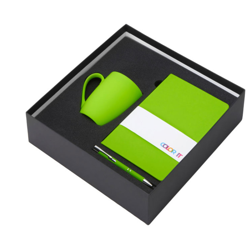 Подарочный набор с блокнотом С2, металлической ручкой и кружкой, зеленое яблоко