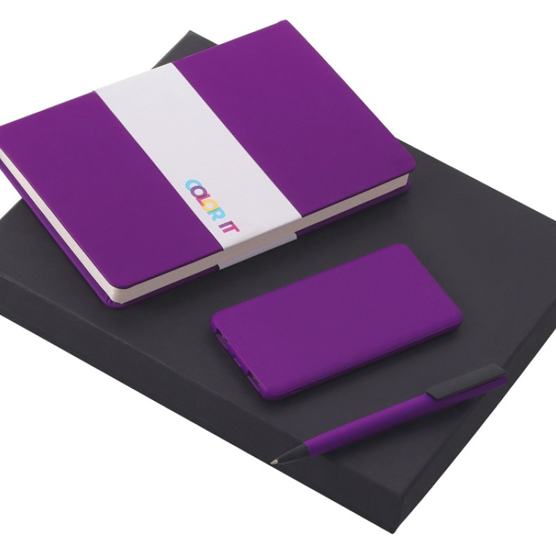 Подарочный набор c блокнотом С2, ручкой и повербанком 5000 mAh, фиолетовый