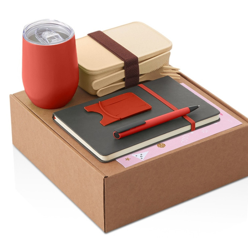 Набор с термокружкой, блокнотом, ручкой и ланчбоксом "Refreshment", красный