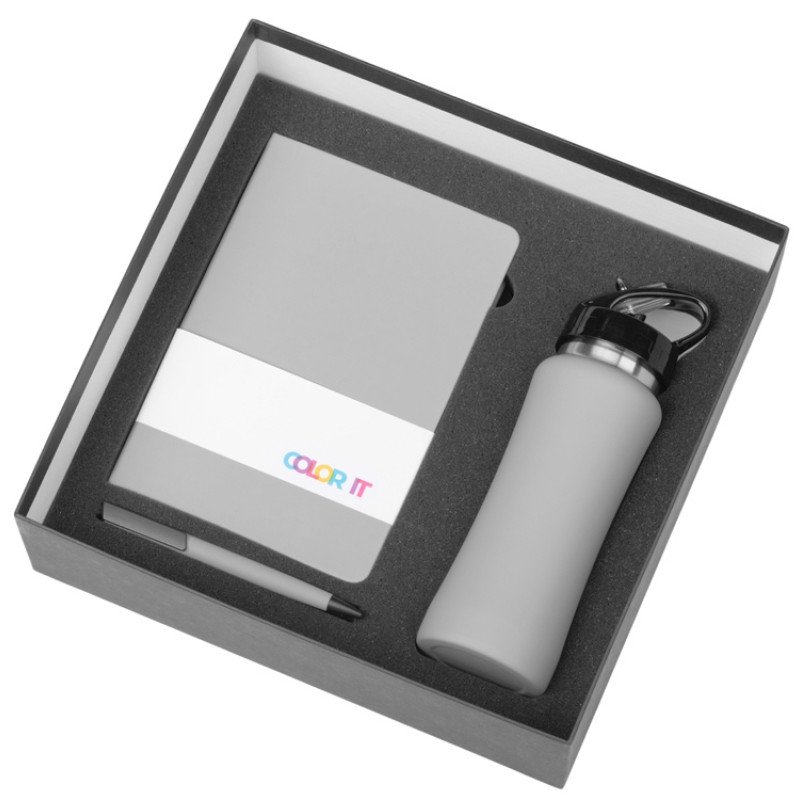 Подарочный набор c блокнотом C1, ручкой и бутылкой, серый Подарочный набор c блокнотом C1, ручкой и бутылкой, серый