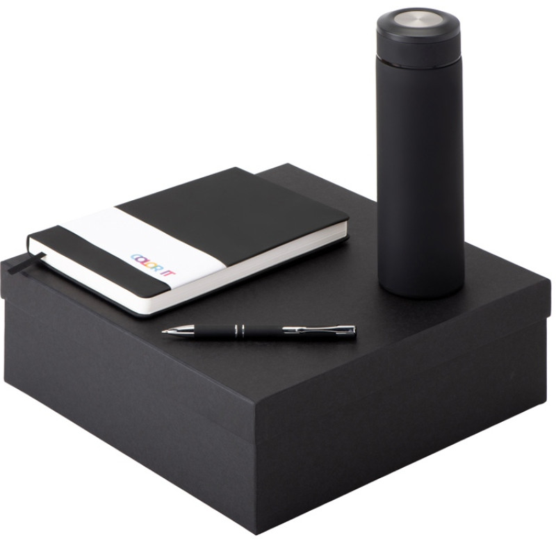 Подарочный набор с блокнотом С3, металлической ручкой и термосом, черный