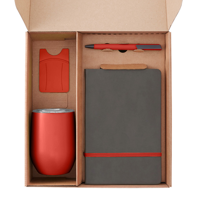 Набор с термокружкой, блокнотом, ручкой и ланчбоксом "Refreshment", красный