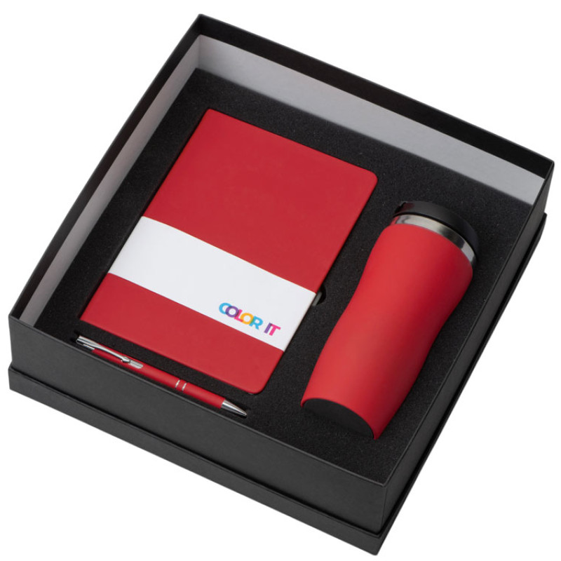 Подарочный набор с блокнотом С2, металлической ручкой и термокружкой, красный