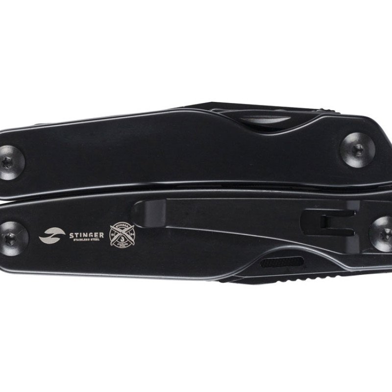 Мультитул Stinger, 100x40 мм, 11 функций, сталь, чёрный, в комплекте нейлоновый чехол