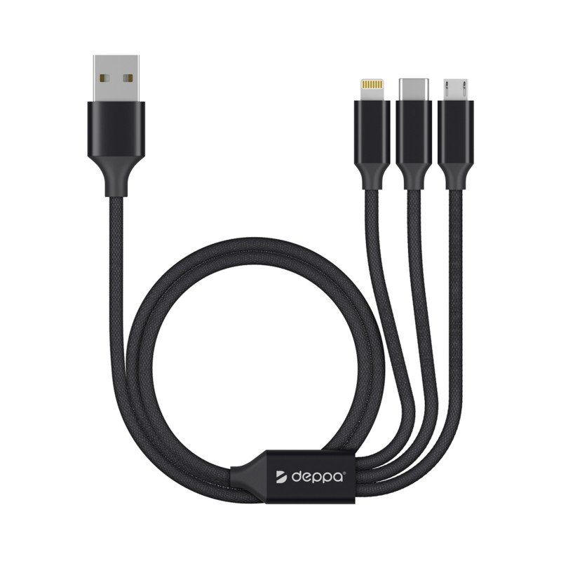 Дата-кабель 3 в 1: micro USB, USB-C, Ligthning, алюминий, 1.2м, черный, Deppa