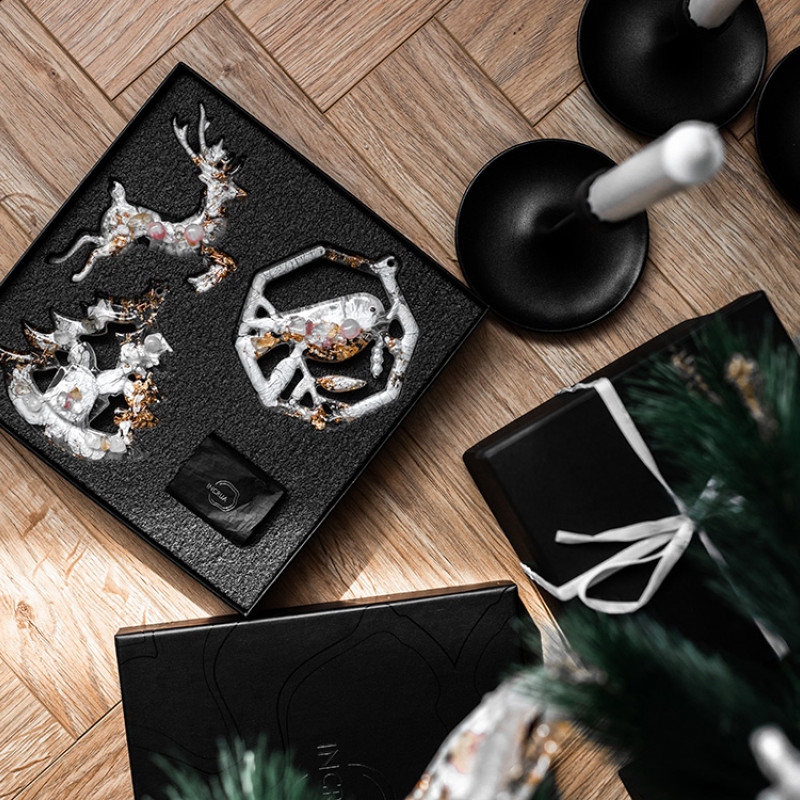 Елочные игрушки ( Снегирь+ Олень+ Ель) Розовый кварц Елочные игрушки ( Снегирь+ Олень+ Ель) Розовый кварц