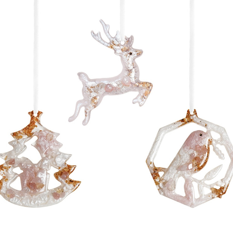 Елочные игрушки ( Снегирь+ Олень+ Ель) Розовый кварц Елочные игрушки ( Снегирь+ Олень+ Ель) Розовый кварц