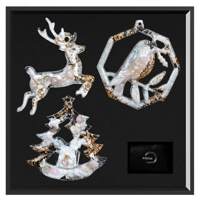 Елочные игрушки ( Снегирь+ Олень+ Ель) Розовый кварц Елочные игрушки ( Снегирь+ Олень+ Ель) Розовый кварц