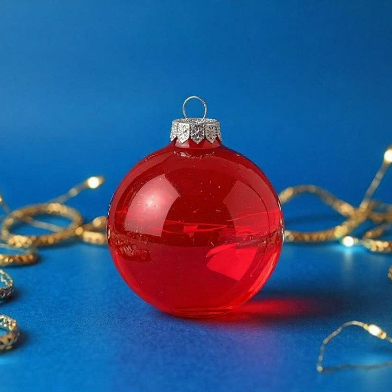 Стеклянный елочный шар "Frozi", красный прозрачный, с серебристым колпачком