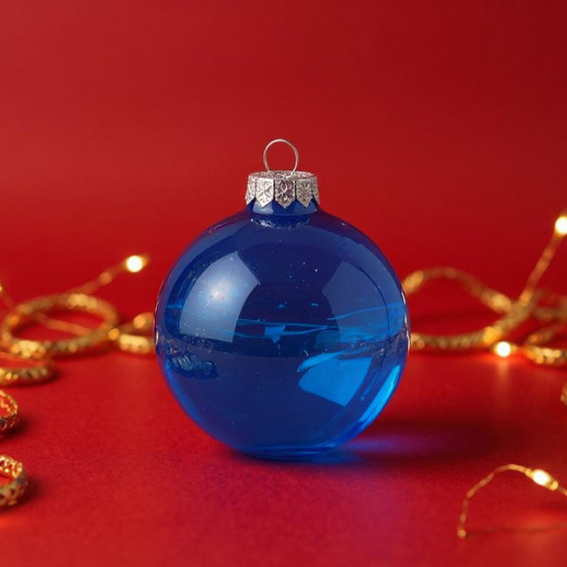 Стеклянный елочный шар "Christmas bauble", синий прозрачный, с серебристым колпачком в черной коробке