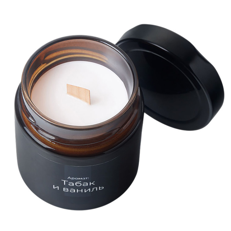 Свеча в стеклянной коричневой банке 200мл, аромат "Табак и ваниль", фитиль деревянный