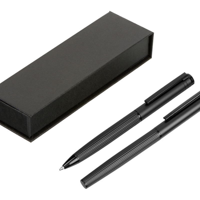 Набор из шариковой ручки и ручки-роллера с анодированным зеркальным слоем в подарочной коробке "Monarch Black", черный