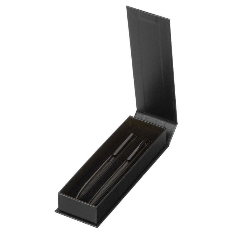 Набор из шариковой ручки и ручки-роллера с анодированным зеркальным слоем в подарочной коробке "Monarch Black", черный