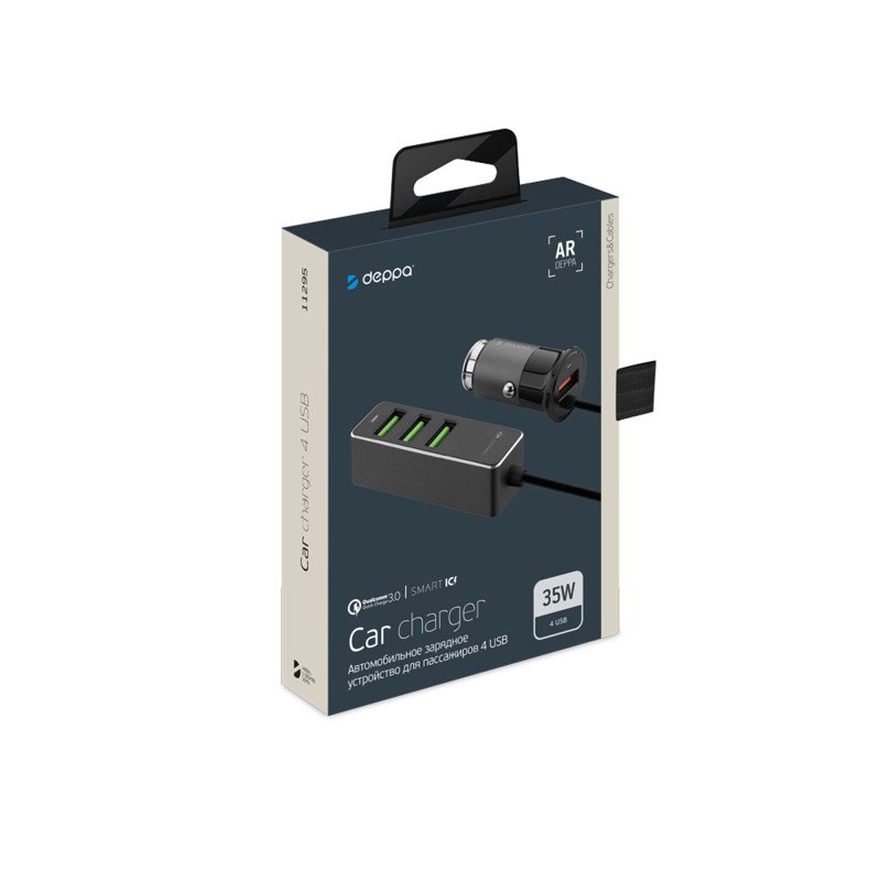 АЗУ 1 USB + 3 USB для пассажиров, QC 3.0, 7А, алюминий, графит, Deppa АЗУ 1 USB + 3 USB для пассажиров, QC 3.0, 7А, алюминий, графит, Deppa