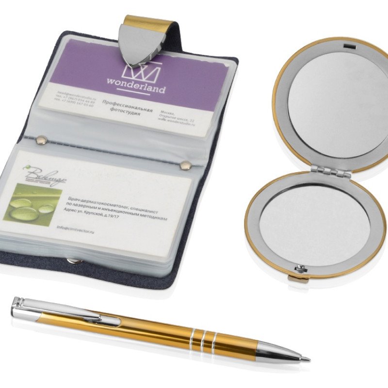 Набор «Чувства»: шариковая ручка, зеркало, визитница, золотистый (Р)