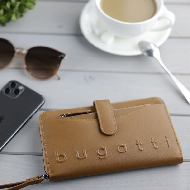 Кошелёк женский BUGATTI ДАФНА | DAPHNE с ключницей, коньячный цвет, воловья кожа/полиэстер, 19х3х11 см