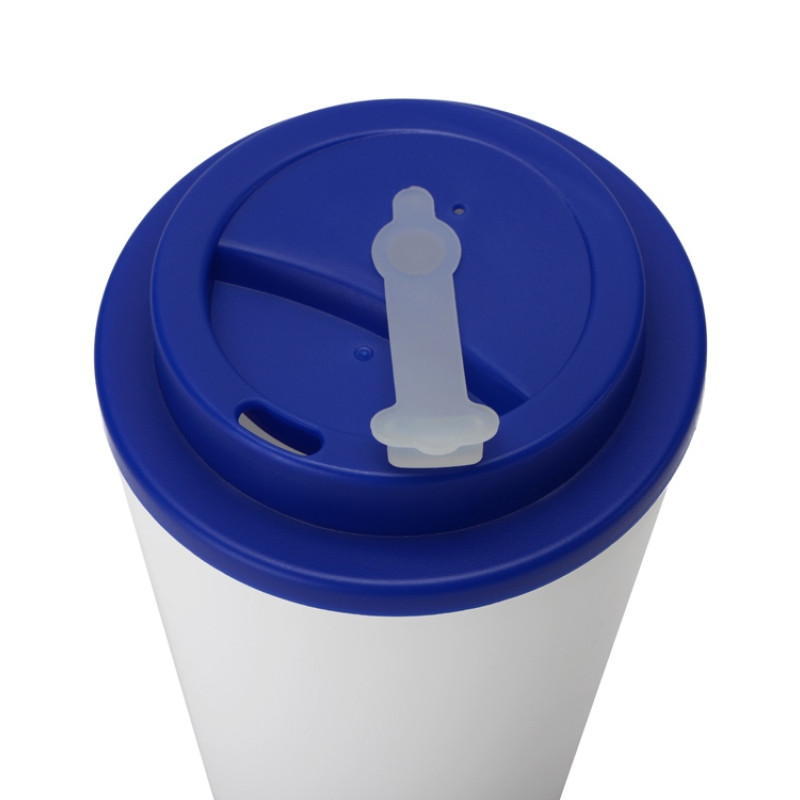 Пластиковый стакан Take away с двойными стенками и крышкой с силиконовым клапаном, 350 мл, белый/темно-синий