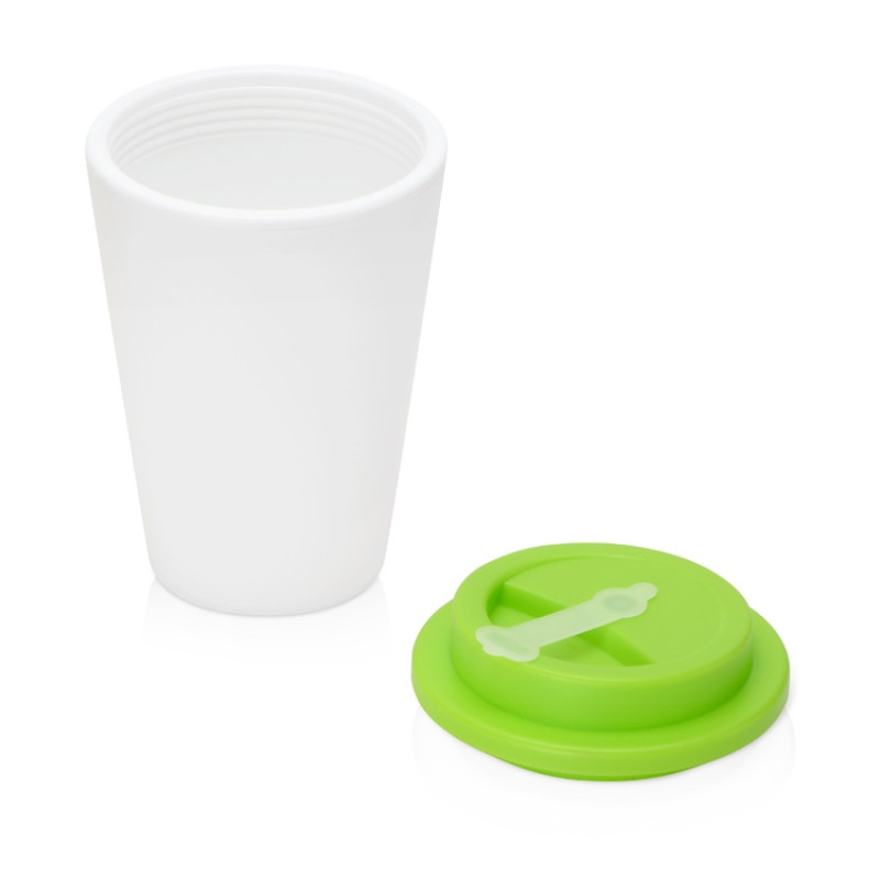 Пластиковый стакан Take away с двойными стенками и крышкой с силиконовым клапаном, 350 мл, белый/зел. Яблоко