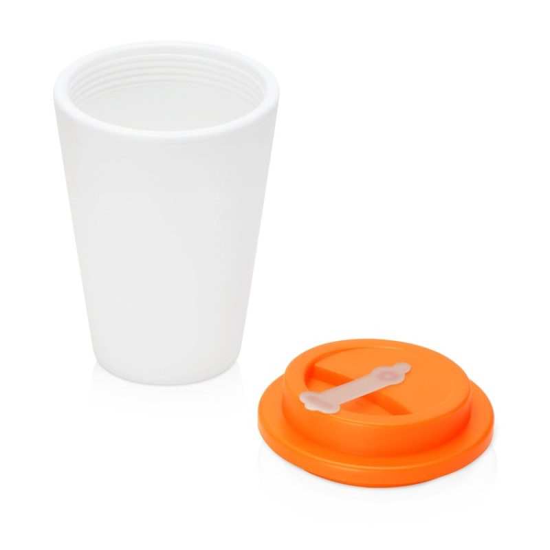 Пластиковый стакан Take away с двойными стенками и крышкой с силиконовым клапаном, 350 мл, белый/оранжевый