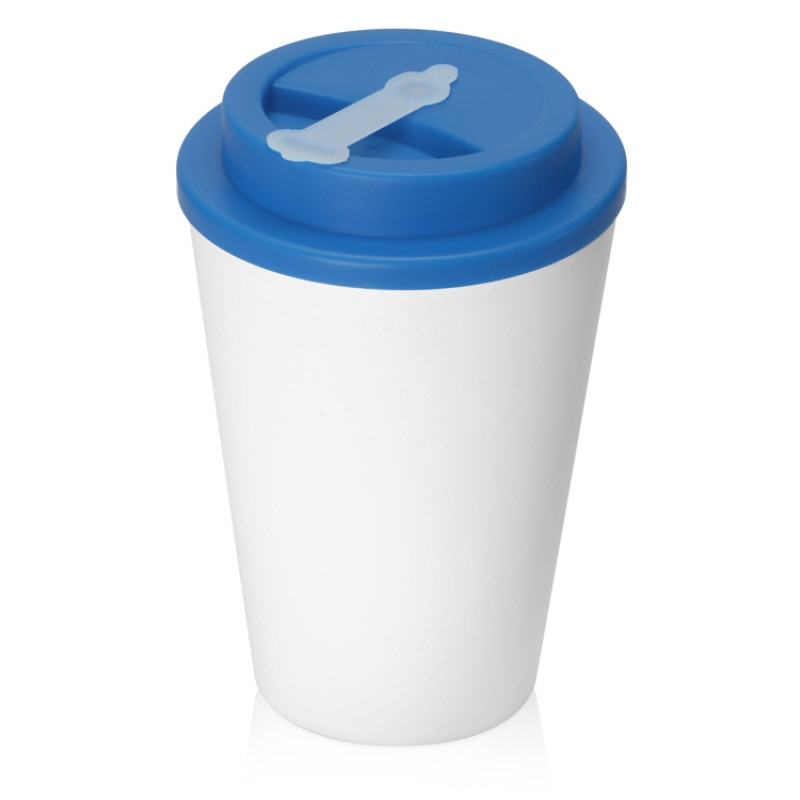 Пластиковый стакан Take away с двойными стенками и крышкой с силиконовым клапаном, 350 мл, белый/голубой