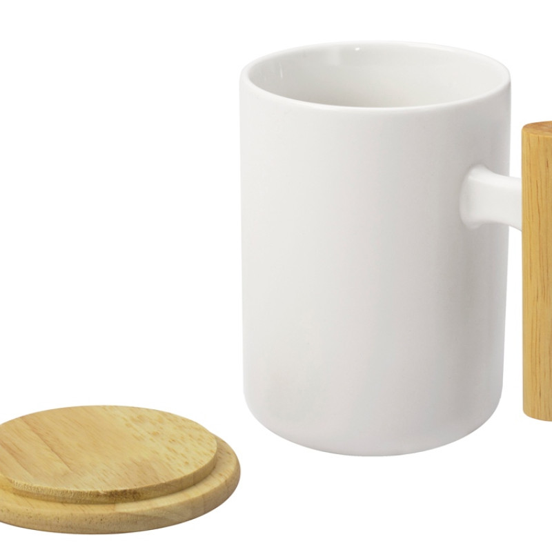 Кружка с ручкой и крышкой из каучукового дерева Jeny, белый